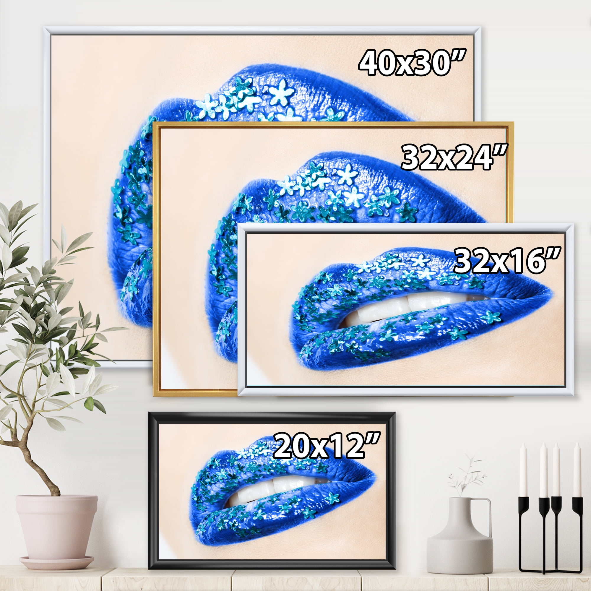 Designart 'Beautiful Woman Lips Blue With Flowers' Modern Framed Canvas Wall Art Print