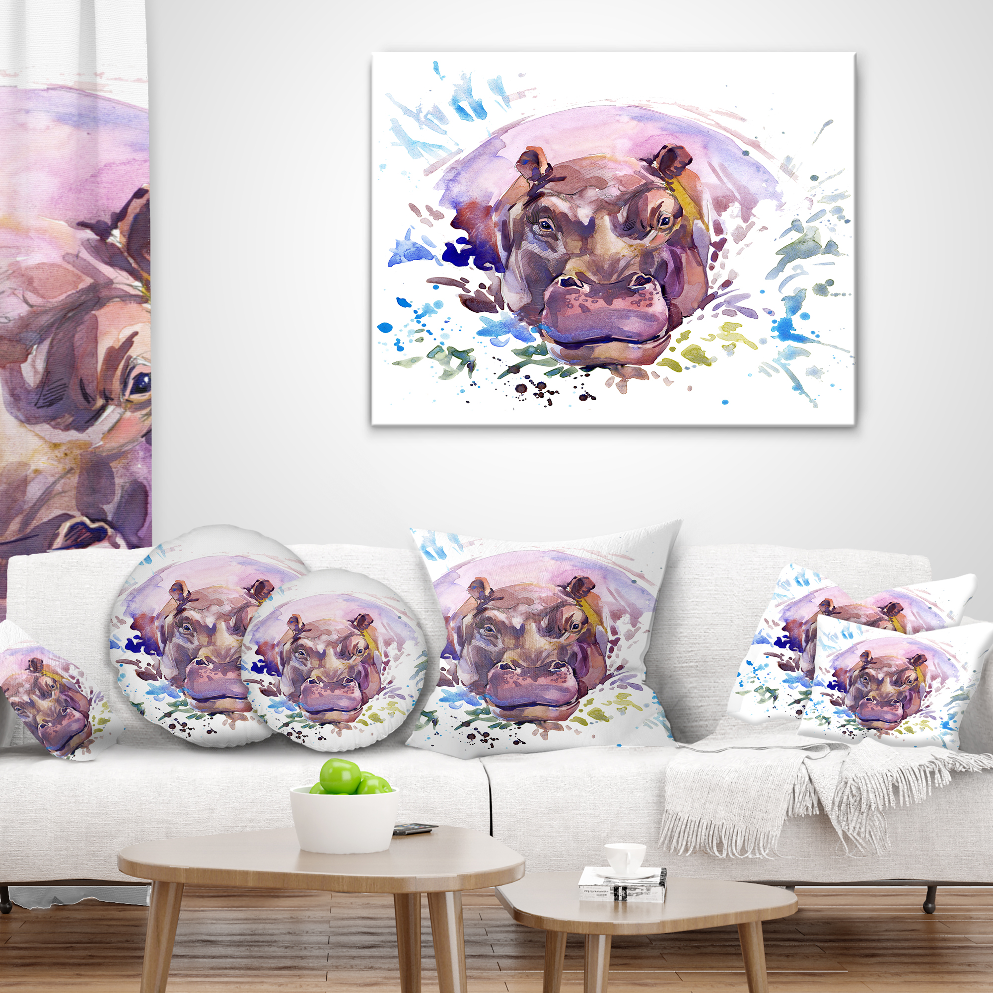Designart Hippopotamus Watercolor - Animal Throw Pillow - 18x18