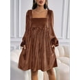 thumbnail image 6 of Women'S Loose Fit Square Neck Long Sleeve Velvet Mini Babydoll Dresses Shift Dress Brown M, 6 of 9
