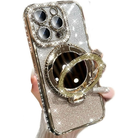 for iPhone 16 Pro Max Case with Kickstand, [Compatible with Magsafe] Shockproof Glitter Makeup Mirror Ring Holder Camera Protector Bling Girly Cute Phone Cover for iPhone 16 Pro Max (Gold)