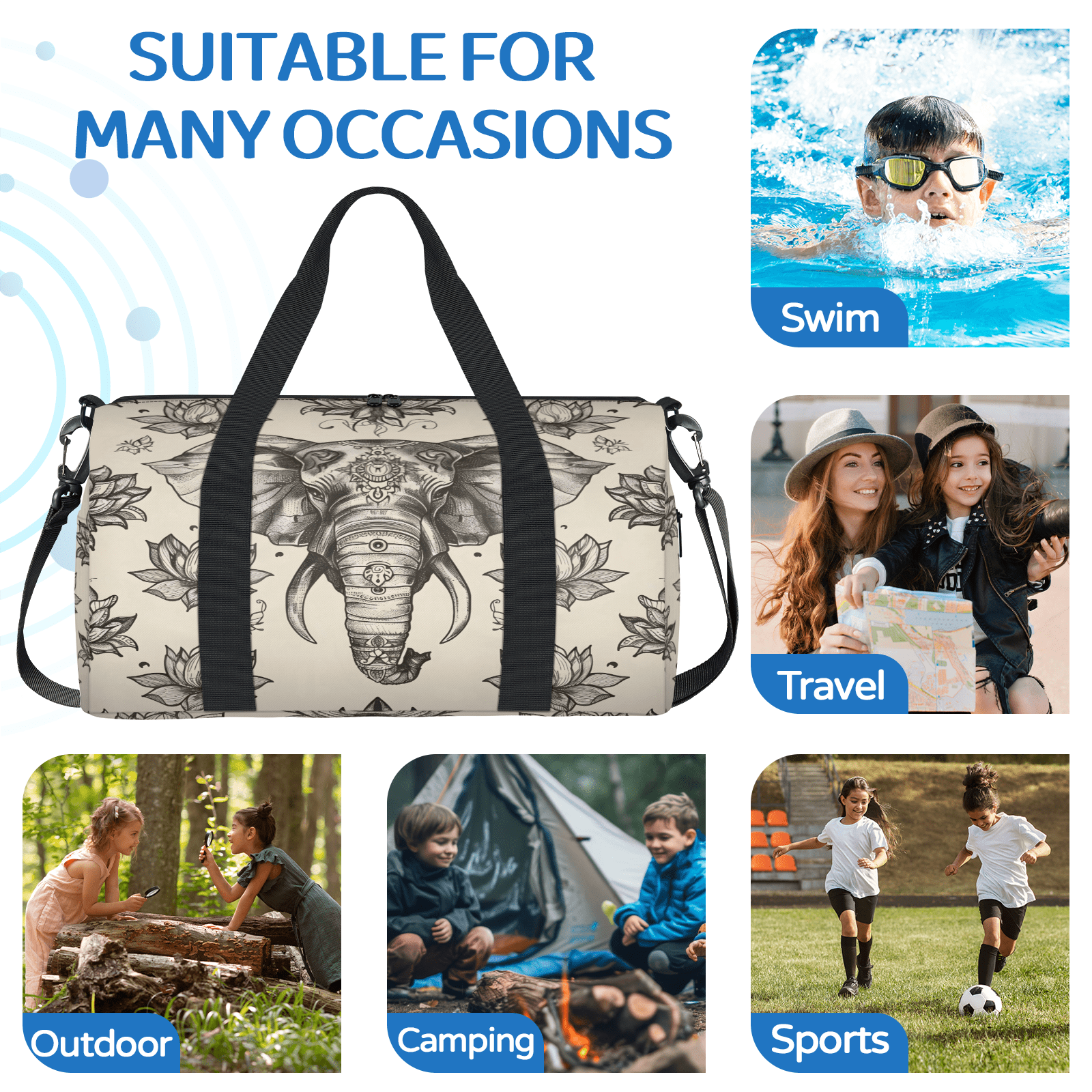 Herdesigns Boho Elephant Travel Duffle Bag Sports Yoga Weekender Overnight Carry on Workout Bags Lightweight Waterproof Gym Tote Bag for Women