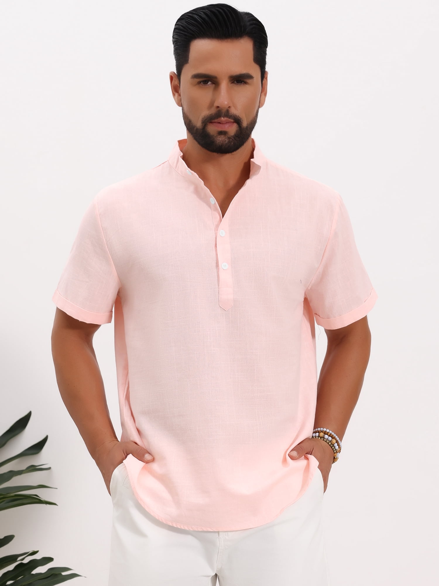 DARING DIVA Men's Solid Color Stand Collar Short Sleeve Henley Shirts XL Pink