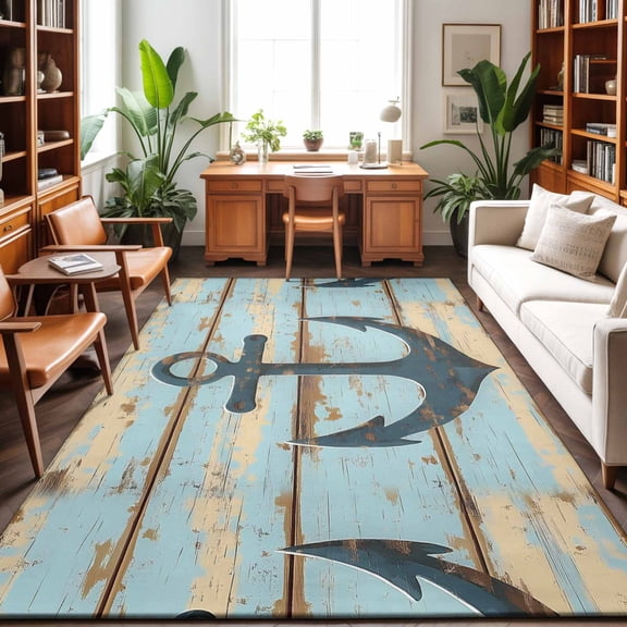 Area Rugs 5'x7', Nautical Anchor Carpet Runner Indoor Outdoor Rugs Home Decor Aesthetic, Vintage Blue Brown Wooden Coastal Non Slip Mats Washable Accent Rug for Living Room Bedroom