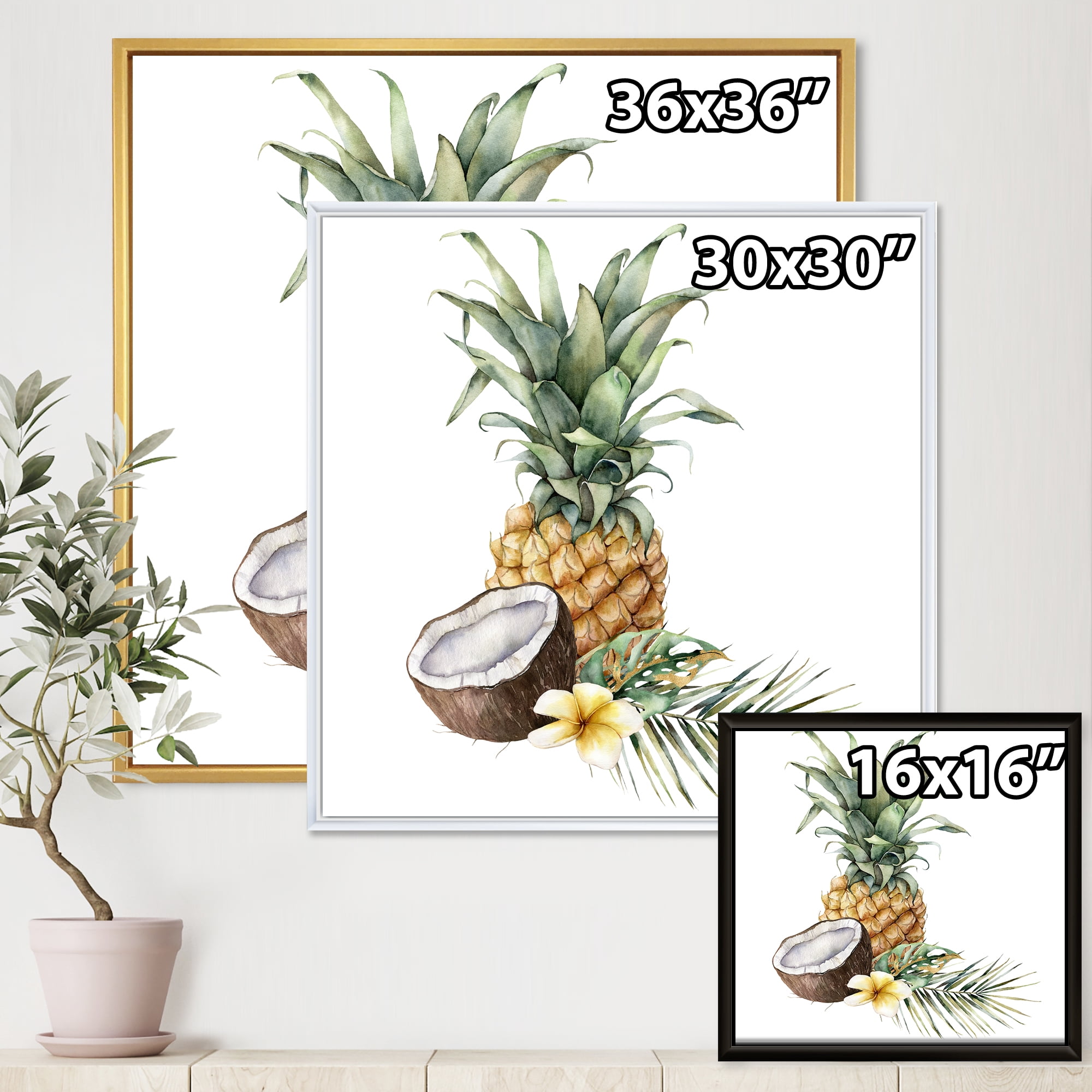 Designart 'Pineapple With Plumeria Coconut and Palm Leaves' Traditional Framed Canvas Wall Art Print