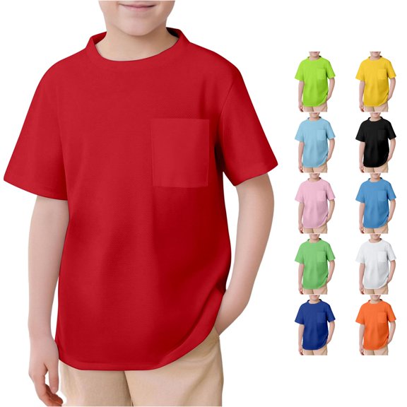 Boys Mesh Short Sleeve T Shirt Kids Unisex Crew Neck Top Tee With Pocket Toddler Children Summer Casual Kids Loose Fit Basic Tees
