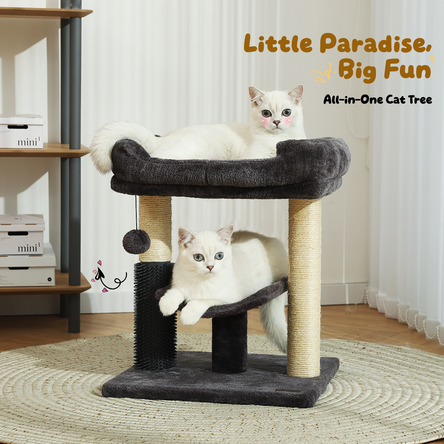 Hoopet 20" Cat Tree Tower, Scratching Post for Indoor Cats with Cozy Perch, Self Groomer & Interactive Ball,Smoky Grey