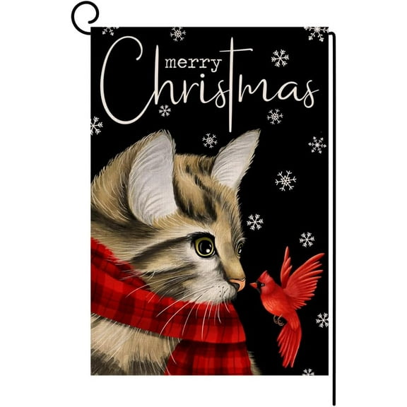 Shmbada Christmas Cat Garden Flag 12x18 Vertical Double Sided Merry Christmas Cardinal Bird Farmhouse Winter Holiday Outside Decorations Black Burlap Yard Flag