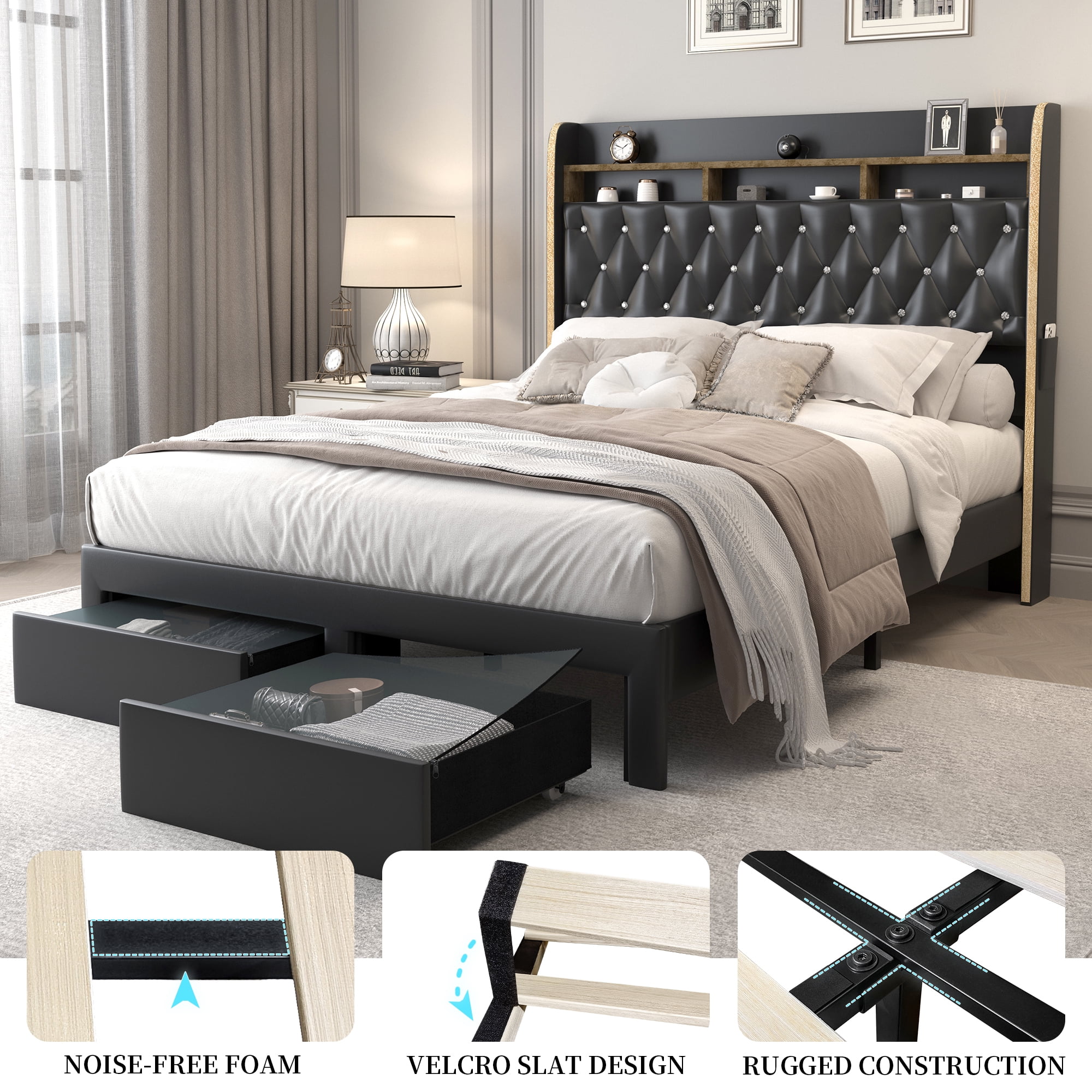 SIBEDS LED Bed Frame with 2 Storage Drawers and Galaxy Star Projector PU Upholstered Black Tufted Wingback Headboard, King