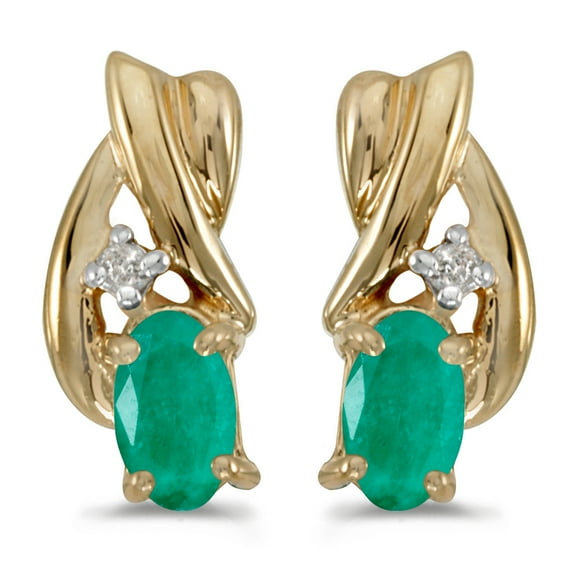 10k Yellow Gold Oval Emerald And Diamond Earrings