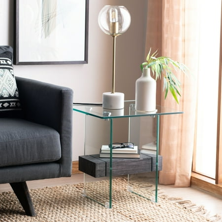 SAFAVIEH Kayley Modern 2-Tier Glass Accent Table Black Oak