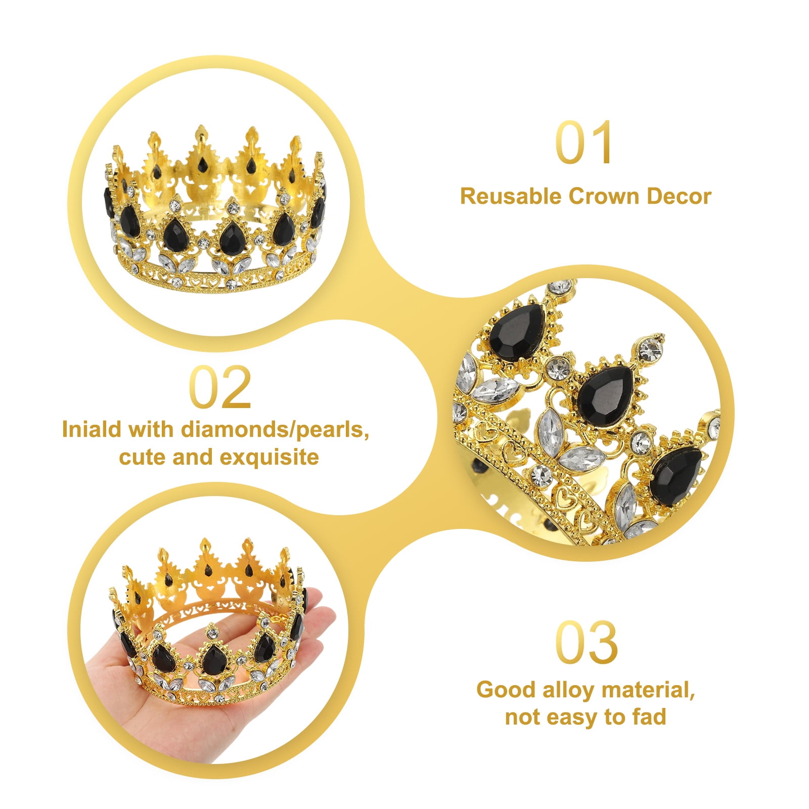 Unique Bargains Mini Crown Cake Toppers with Crystal for Birthday Cake Decor Gold Black