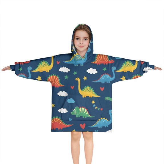 DarkBlue Dinosaurs Stars Hearts Blanket Hoodies for Kids 6-13YR Oversize Wearable Blanket Hoodies for Boys Girls Teens