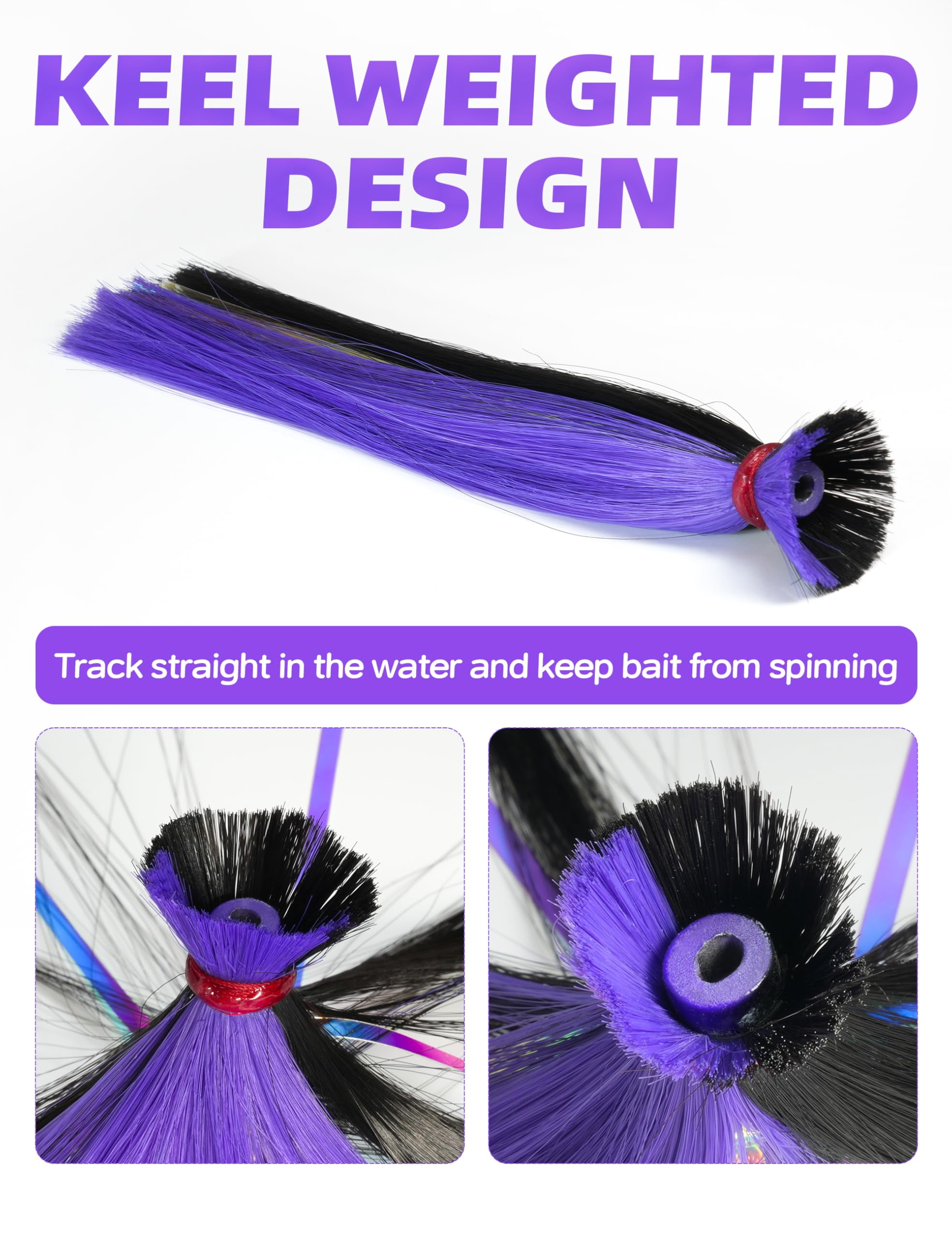 BLUEWING 1/2oz Sea Trolling Lures with Lead Head Saltwater Fishing Witches Big Game Ballyhoo Skirt for Tuna, Wahoo, Sailfish, Mahi Mahi, Black/Purple, Model B
