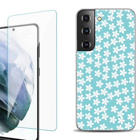 Slim-Fit Fashion Gel Phone Case for Samsung Galaxy S22  5G / S22 Plus 5G, with Tempered Glass Screen Protector, by OneToughShield ® - Flower/Teal