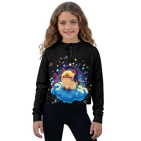 Xoenoiee Cat Cloud Star Music Note Print Kids Girls Half Zip Sweatshirt Long Sleeve Stand Collar Pullover Top Fall Hoodie Spring Casual Clothes 7-8 Years