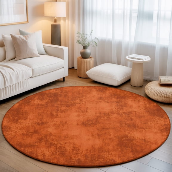 Textural Solid Deep Rust Round Living Room Rugs 8 ft, Rustic Minimalist Mottled Background Washable Large Area Rug with Non-Slip Sturdy Edge Binding Round Carpet for Dining Room Kitchen Office