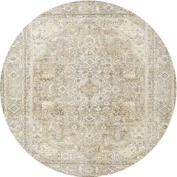 Ahgly Company Machine Washable Indoor Round Traditional Light French Beige Brown Area Rugs, 4' Round