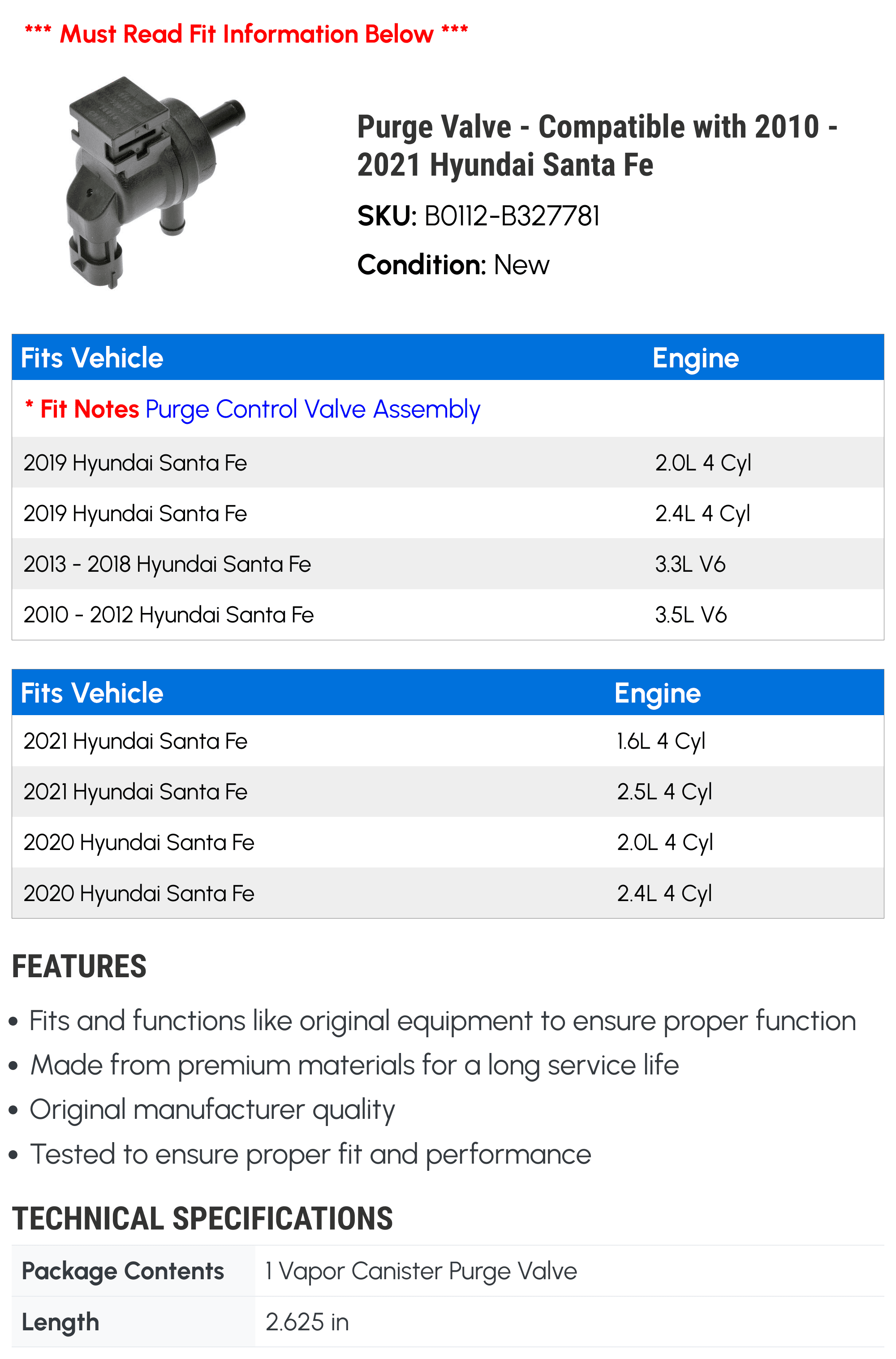 Purge Valve - Compatible with 2010 - 2021 Hyundai Santa Fe 2011 2012 2013 2014 2015 2016 2017 2018 2019 2020