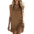 thumbnail image 4 of fheaev Women's Mini Dress Linen Spaghetti Strap V Neck Ruffled Hem Sleeveless for Summer Casual Brown M, 4 of 7