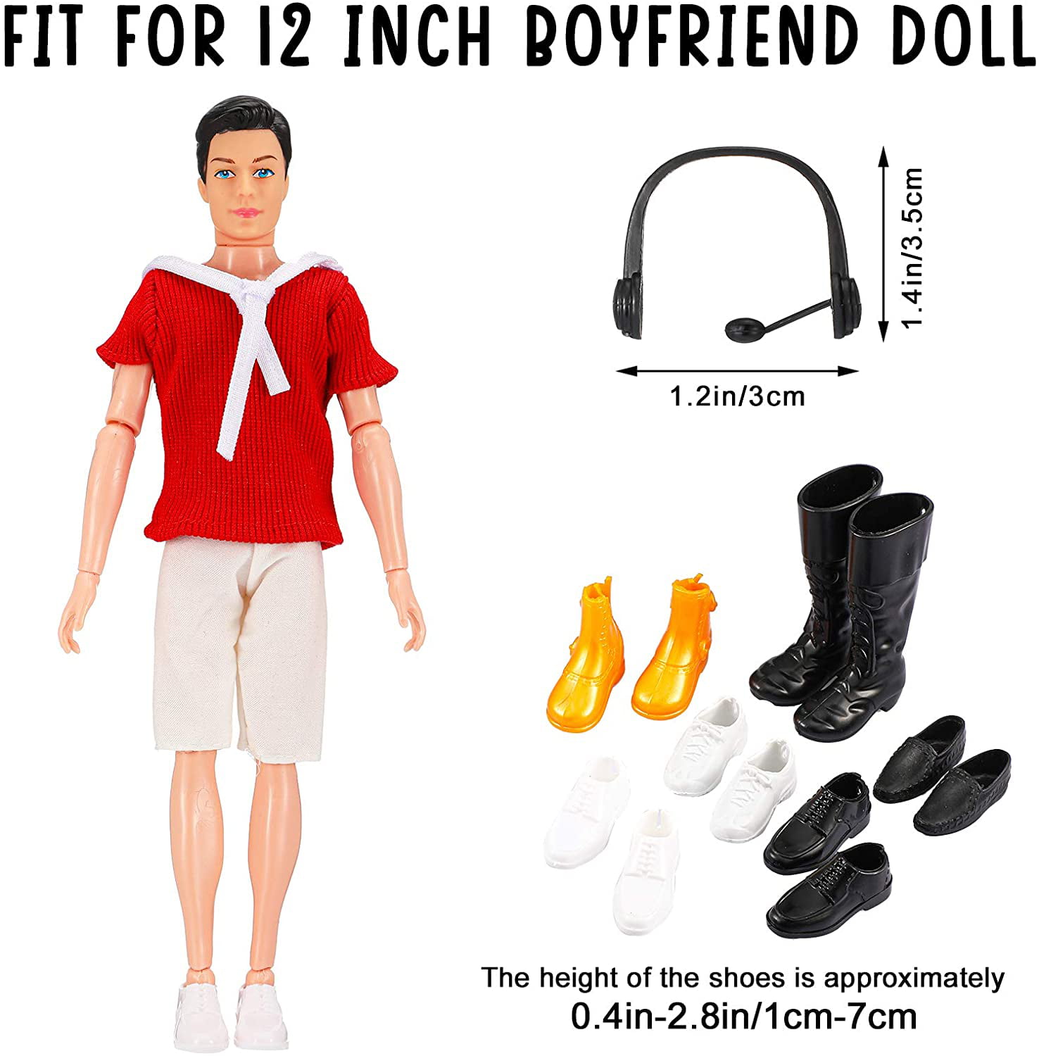 40 Pieces Male Doll Clothes and Accessories for 12 Inch Boy Dolls Include 12 Sets Clothes 2 Pieces Beach Pants 6 Pairs Shoes 2 Pieces Headset