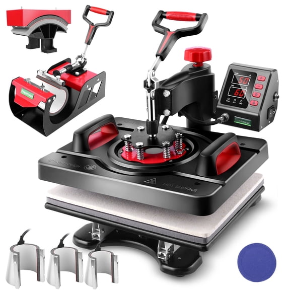 Adnoom 8 in 1 Heat Press Machine 15x12, 850w Heat Press with Pressure Knob, 360°Swing Away, Sublimation Vinyl Digital Heat Press for Tshirt,Cap,Mug,Black Red