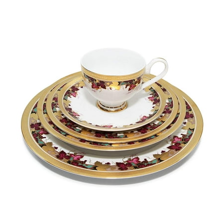 - Royalty Porcelain Floral 'Vineyard' 5pc Place Setting for 1, 24K Gold-Plated