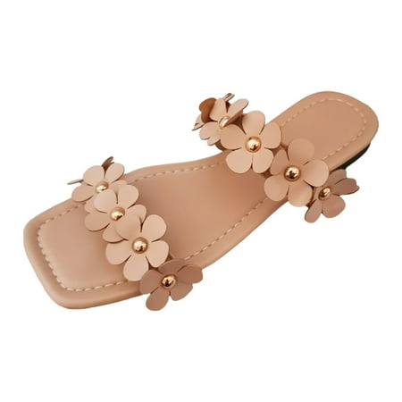 

Jungdeepe Ladies Summer Solid Colour Flowers Square Head Flat Bottom Beach Recording Large Size Sandals Slippers