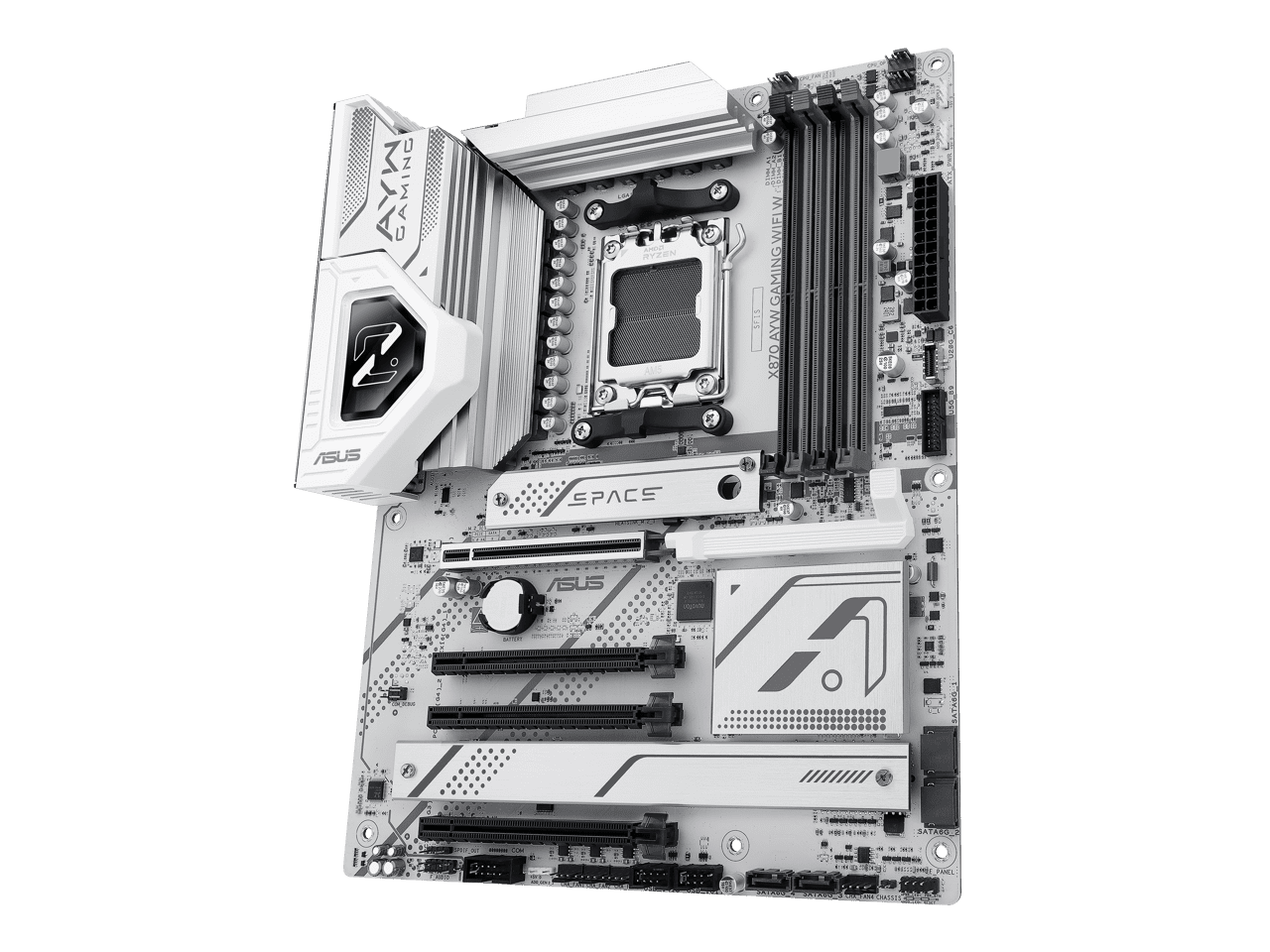 ASUS X870 AYW GAMING WIFI W AMD X870 AM5 ATX motherboard, 12+2+1 80A DrMOS power stages, DDR5, PCIe 5.0 Ready, PCIe 5.0 x16, 3x M.2, Wi-Fi 6, 2.5Gb LAN, HDMI, USB4, USB 20Gbps Type-C, Aura Sync