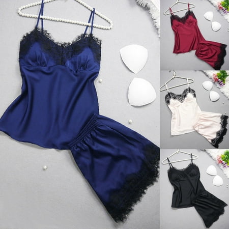 - 2pcs Sexy Women Satin Lace Sleepwear Babydoll Lingerie Nightdress Pajamas Set