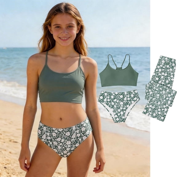 Kids Swimsuit Girls Girl's 3 Piece Bikini Bathing Suit with Pants Summer Beach Swimwear Girls Bathing Suits for Kids 8-9 Years