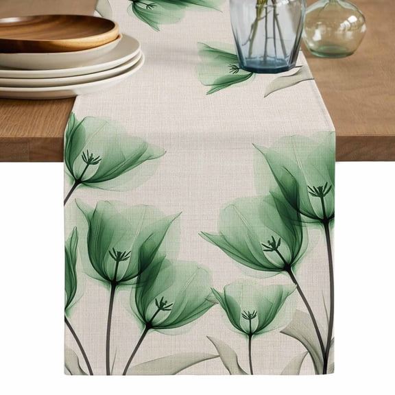 Green Floral Table Runner, Elegant Tulip Vintage Wildflower Plant Washable Cotton Linen Table Runners 60 Inches Long, Dresser Scarf Runner for Coffee/TV Stands/Kitchen/Cabinets 13''x60''