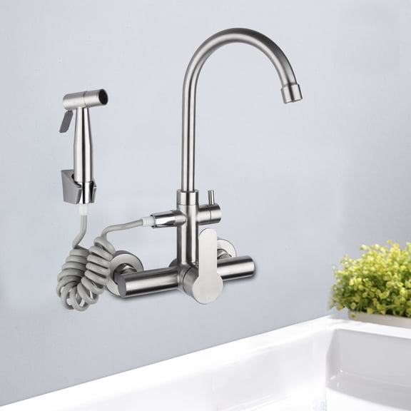 Silver Single Handle Wall-mounted Stainless Steel Faucet 360° Rotation Kitchen Faucet for Homes Restaurants Shopping Centers