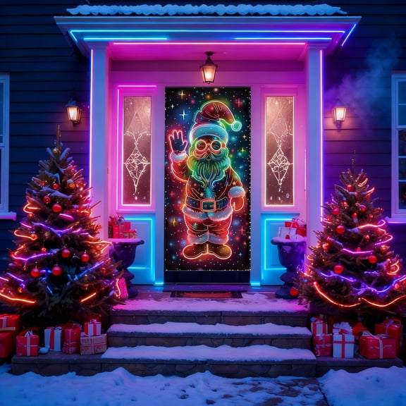 Ljxge Glow In The Dark Christmas Door Curtain With Lights, Fluorescent Holiday Banner For Indoor Outdoor Decor, Easy Install Festive Doorway Decorations With Various Christmas Elements Patterns