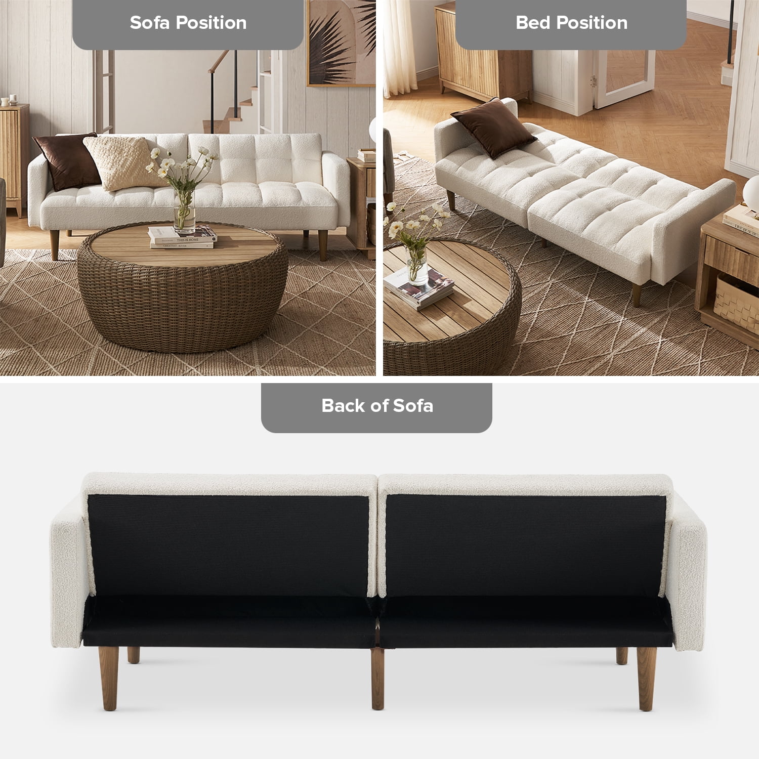 Mopio Aaron Twin Futon Sofa Split Back Design 77.5" Pearl White Boucle Fabric