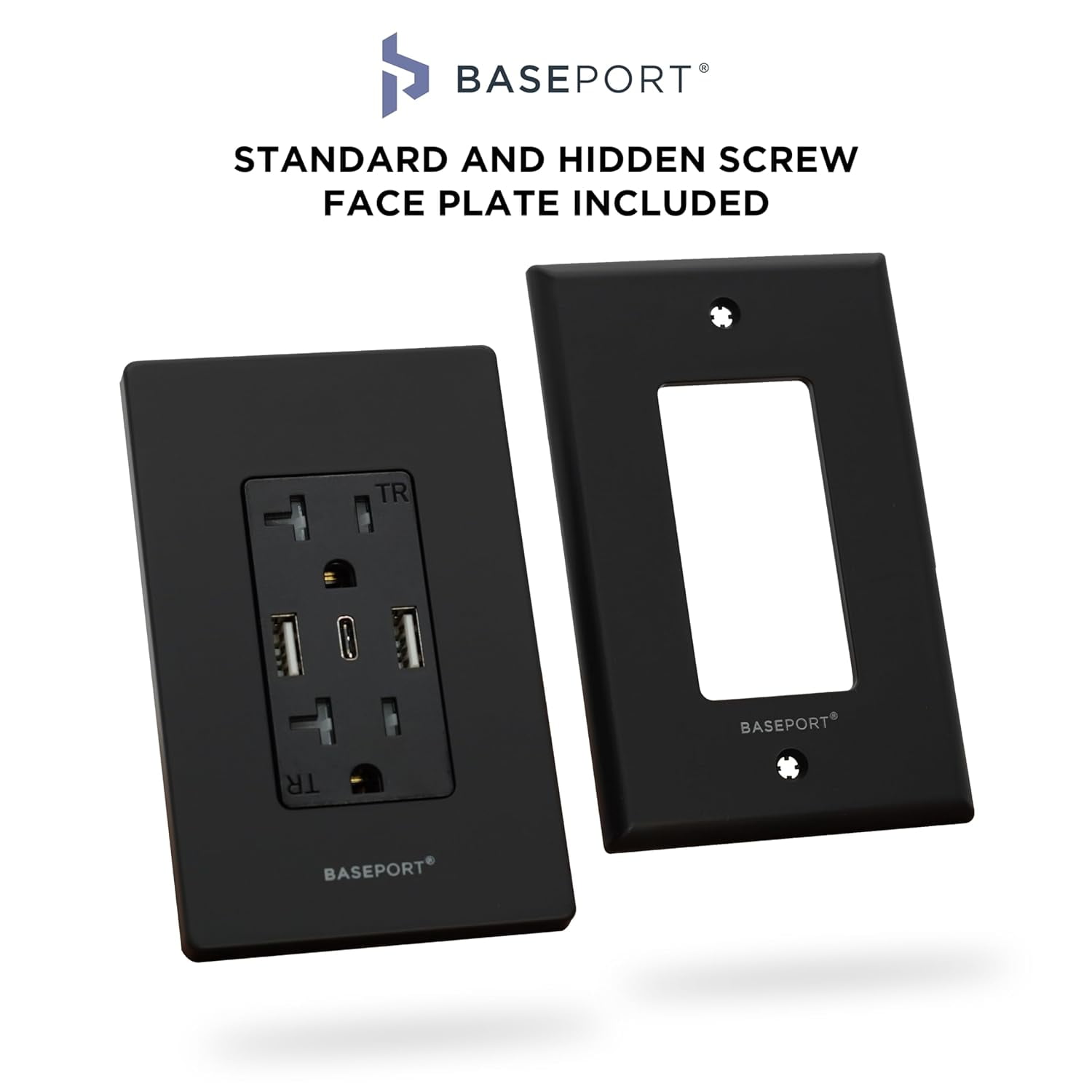 BASEPORT Wall Outlet with USB Ports, 125V 20 Amp Outlet, USB Outlets Receptacles, Single Gang, Black