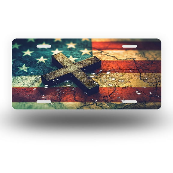 Cross on Textured Flag Front License Plate,Metal License Plate,Funny Standard Plates Personalized Novelty Decorative For Men/Women/Boys/Girls Car 6×12 Inch