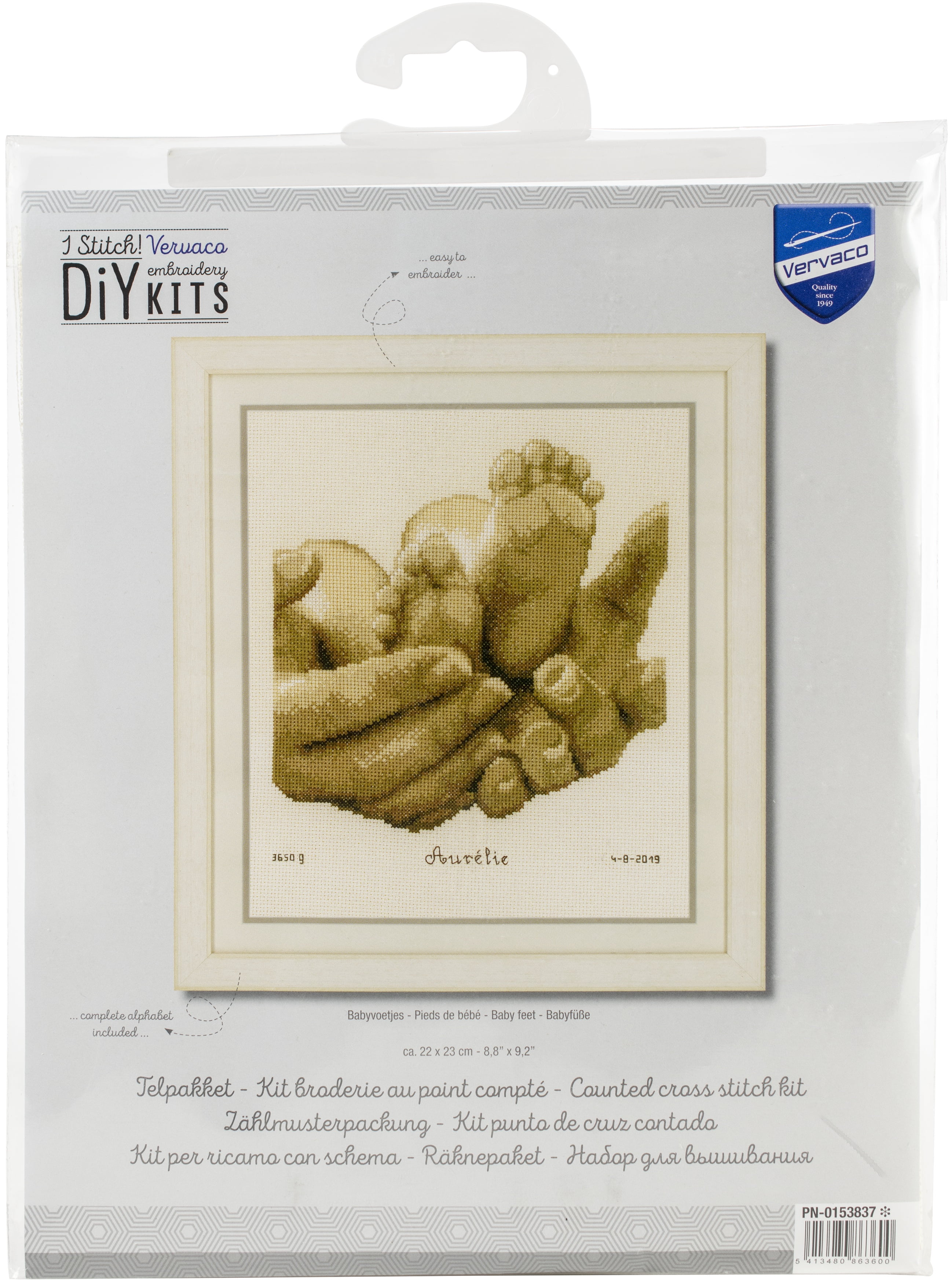 Vervaco Birth Record Counted Cross Stitch Kit 8.8"X9.2"-Baby Feet In Ecru (14 Count)