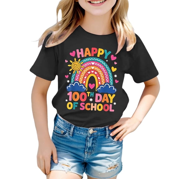 XAOFW Girl's T-Shirts 100 Days Of School Cartoon Print Short Sleeve Crewneck Tee Shirt Everyday School Wear Loose Fit T Shirt Daily Lounging Comfortable Trendy Top