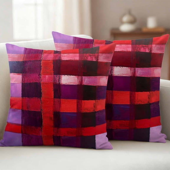 Pack of 2 Outdoor Pillow Covers 16x16 Inch Waterproof Red Purple Throw Pillow Covers,Decorative Couch Pillow Case Sham Striped Plaid Modern Abstract Oil Painting Patio Pillowcases Cushion Cover