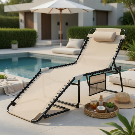 Hommoo Foldable Reclining Lounge Chair with Adjustable Backrest & Footrest, Lightweight Portable Beach, Camping & Patio Chair, Beige