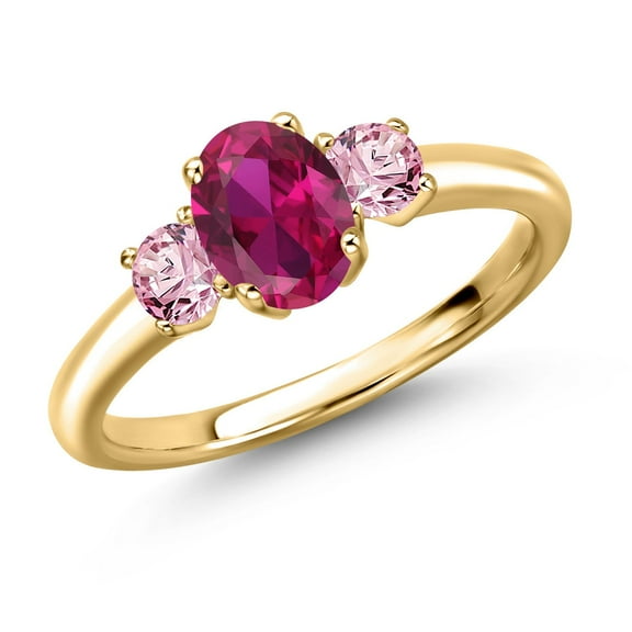 Gem Stone King 18K Yellow Gold Plated Silver Red Created Ruby and Pink Lab Grown Diamond Engagement Ring for Women | 1.21 Cttw | Oval 7X5MM | Gemstone July Birthstone | Size 7