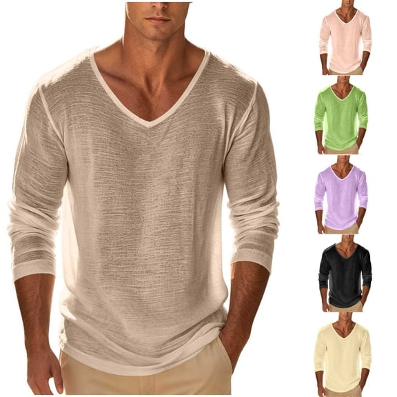 UVEASISHA Men's Cotton T-Shirt Long Sleeve V Neck Solid Basic Tees Relaxed Fit Casual Summer Tops Vacation Street Breathable Undershirt Purple 3XL