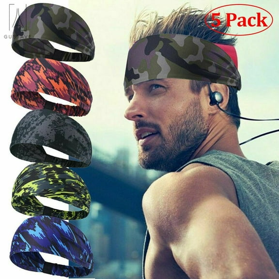 Gustave 5-Pack Sports Fitness Headbands for Men Women, Athletic Workout Head Wrap Sweatband for Yoga Fashion Basketball Running Gym, Elastic Hair Bands