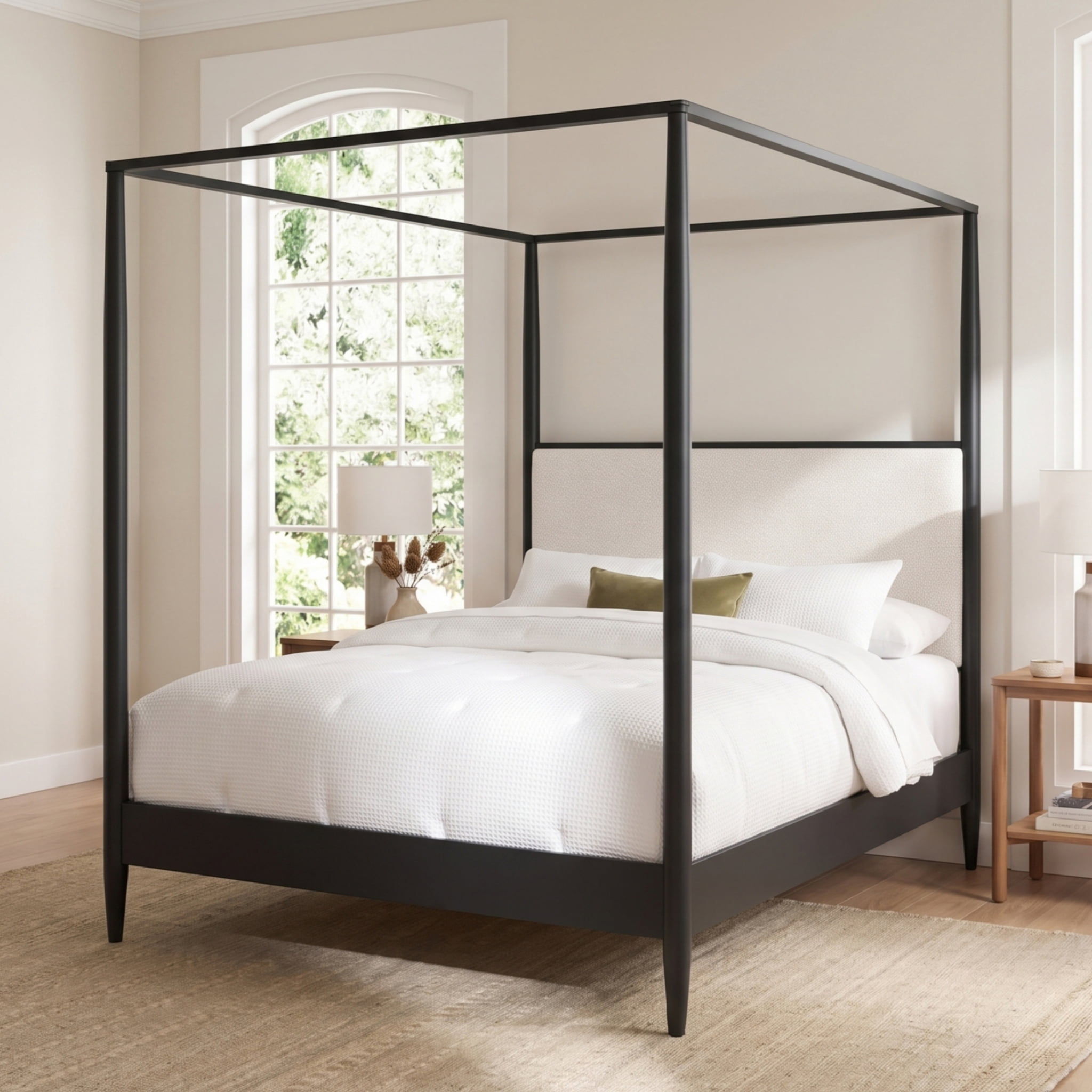 Euroco Modern Wood Queen Size Canopy Bed, Mid-Century 4-Poster Platform Bed with Boucle Upholstered Headboard and Tapered Legs, No Box Spring Needed, Black