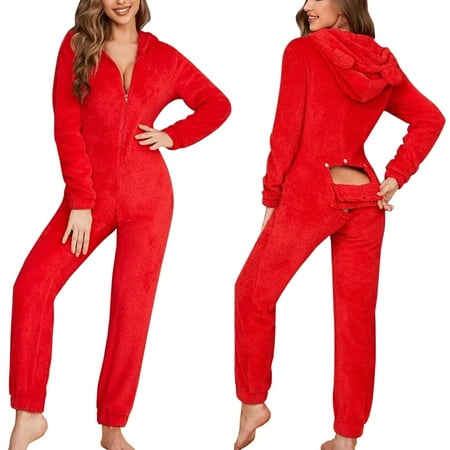 

Women s Slim Christmas Long Sleeve Pajamas Zipper Hooded Jumpsuit Pajamas 3D Ear Buttoned Flap Functional Fluffy Rompe Cute 1 Piece Suit Christmas On Sleepwear Women Jacket Fuzzy Maternity