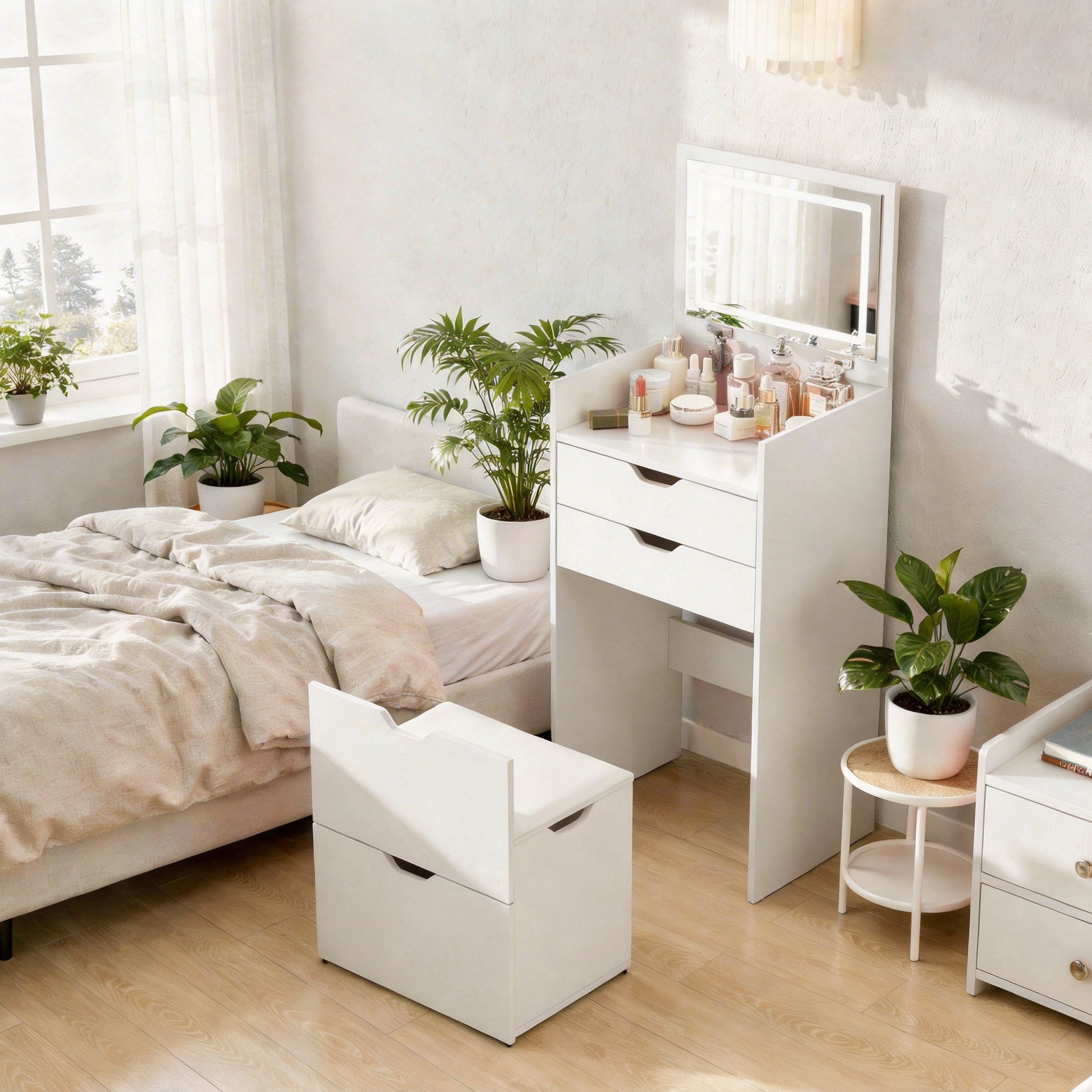 3-in-1 Vanity Desk with Lights & Flip Mirror, Small Makeup Vanity Set with Hidden Stool and Storage Drawers, Space-Saving Dressing Table for Bedroom, White