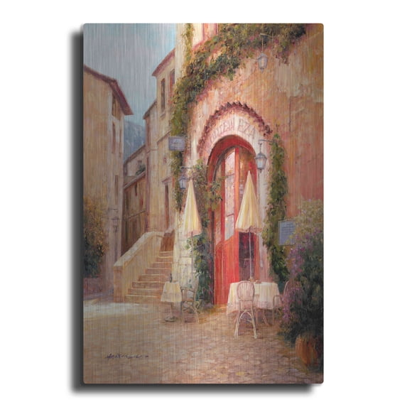Luxe Metal Art 'Eze Village Café France' by Haixia Liu, Metal Wall Art, 12"x16"