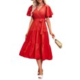 thumbnail image 3 of VISgogo Vestido Midi Elegante de Verano para Mujer, Vestido de Manga Corta con Cuello en V de Color Sólido con Cinturón para Fiesta en la Playa VISgogo  moda, 3 of 8