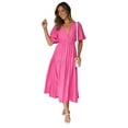 thumbnail image 3 of Women'S Deep V Neck Puff Short Sleeve Tiered Dress Elastic High Waist Flowy A Line Midi Dresses Rose Red XL, 3 of 9