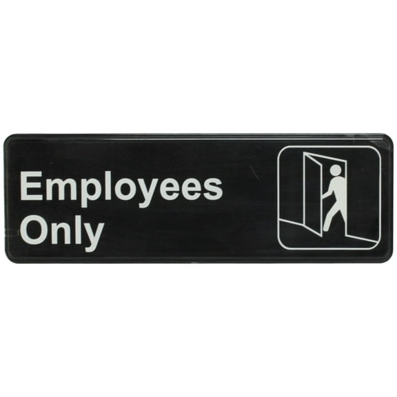 Excellante White on black 9 x 3 inch information sign with symbols - employees only, comes in each